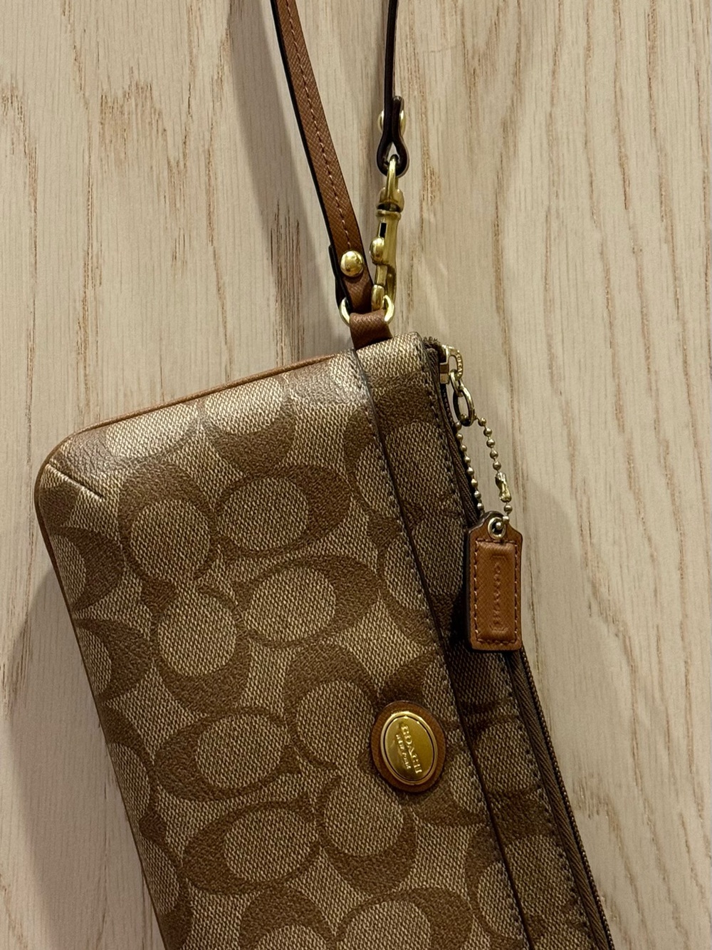 Coach Tan/Brown Signature Coated Canvas Wristlet with Leather Strap